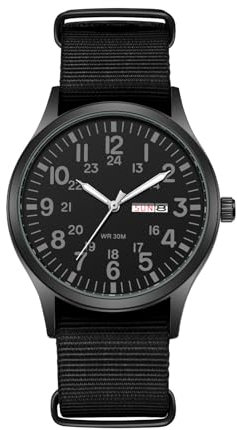 JewelryWe Men's Tactical Military Watch: Practical Date Day Luminous Arabic Numerals Black Nylon Strap Black Large Dial Outdoor Watch for Men Mountaineering Night Riding Jewelry Gift