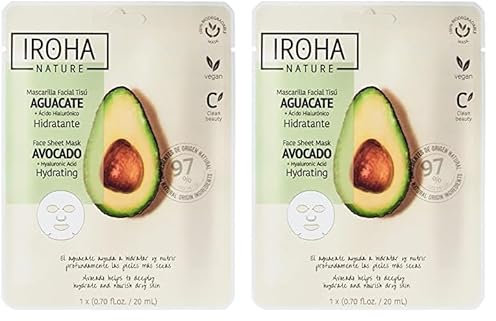 Iroha Nature - Mascarilla Facial Hidratante con Aguacate y Ácido Hialurónico | Nutrición Profunda Todo Tipo de Piel | Resultados en 15 Minutos | 100% Vegana y Cruelty-Free (Paquete de 2)