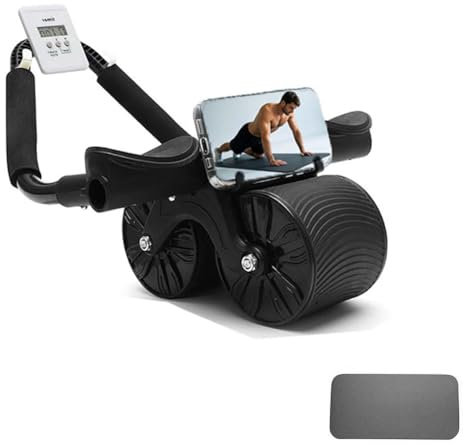 Rebound Bauchrad Automatisches Rebound Bauchtrainer für Zuhause - Stabilen Doppelrädern Bauchmuskeltrainer, Bauchroller mit Kniematte und Telefonhalter für Kerntraining
