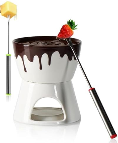 Kellegour Ensemble de Fondue au Chocolat en Céramique,Tasse à Fondue au Chocolat Céramique avec 2 Fourchettes,pour Fromage,Beurre,Dîner de Famille,Dessert,Pique-Nique,Fête d'anniversaire,Blanche
