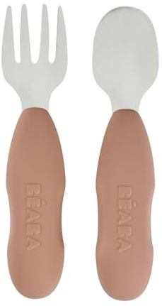 BÉABA, Set Di 2 Posate In Acciaio Inox E Silicone, Per Bambini Dai 10 Mesi, Ergonomiche, Manico Antiscivolo, Posate Per L'Apprendimento, Praliné