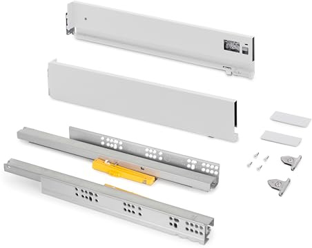 Emuca - Extern låda Vertex Push Sincro, 3D-reglering kök lådlöpare, H 93 mm, 40 kg, djup 350 mm, stål, vitmålad