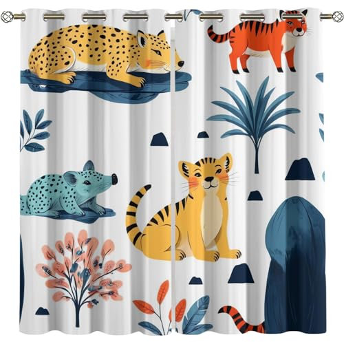 Kinder Gardinen Kinderzimmer Junge Mädchen Blickdicht Cartoon Tiere Tiger Kinder Niedliche Cartoon Blumen Und Gras 234X230Cm 2Er Set Verdunkelungsvorhang Thermovorhang Hitzeschutz Vorhänge Wohnzimm