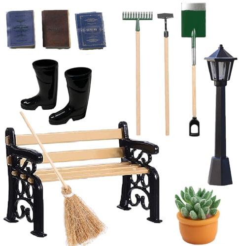 12 Stück Miniatur Garten Zubehör, Mini Wichtel Zubehör, Puppenhaus Zubehör | Garten Mini Gartenmöbel Deko mit 4 Gartengeräte 1 Mini-Regenstiefel 1 Parkstraßenlaterne Parkbank Topfpflanzen Buch für DIY