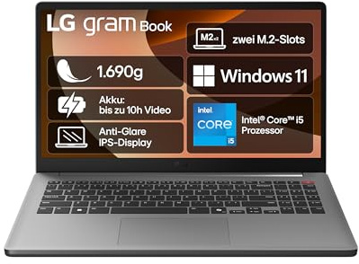LG, GramBook, LG Notebook da 15,6 pollici, Intel i5, 16 GB DDR4, 512 GB Dual SSD, garanzia 24 mesi, 1920 x 1080, audio HD con Dolby Atmos, 15U50T-G.AA56G