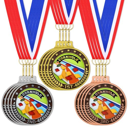 Huquary Cornhole-Medaillen-Set, 1., 2., 3. Platz, Cornhole-Trophäe, 5,1 cm, Gold, Silber, Bronze, Trophäe, Auszeichnung für Feldspiele, Familientreffen, Grillen, Heckklappe, 12-teilig