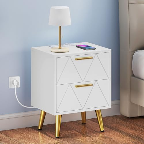 TAUS Nachttisch mit 2 Schubladen, 2USB-Anschlüssen und Steckdosen, Nachtkommode mit goldfarbenen Metallfüßen und -Griffen, Beistelltisch mit Aufbewahrungsmöglichkeiten (40x30x52cm, Weiß)