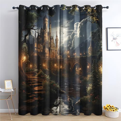 QEODAH Schloss Vorhänge Fantasie Märchen Landschaft Vorhang Blickdicht mit Ösen, Verdunkelungsvorhang Gardinen für Schlafzimmer Wohnzimmer Fenster Deko, Blackout Curtain 2er Set H H 160 x B 132 cm