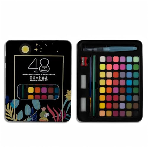 Aquarellfarben 48 Farben, Wasserfarben, Wasserfarbkasten 48 Farben, Tragbar Aquarellkasten für Mal Sachen Schule Hause Künstler Hobbymaler Kunstunterricht, mit Aquarellpapier/Farbmuster/Schwämme usw