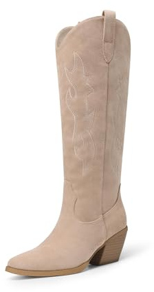 DREAM PAIRS Cowgirl-stövlar kvinnor knähöga cowboystövlar | Spetsig tå tjock blockklack mocka höga västerländska stövlar med broderad