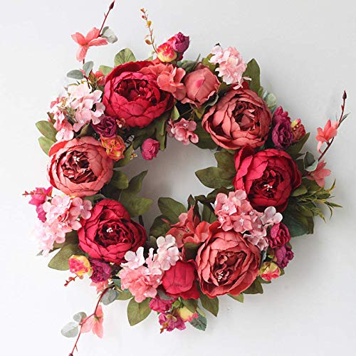 Artificial Peony Wreaths for Front Door 15inch Burgundy Peony Flower Wreath with Rose Green Leaves, Spring Summer Flower Door Wreath for Wall Wedding Party Home Farmhouse Decor,Valentines Wreaths