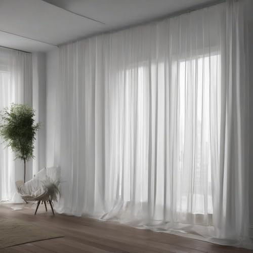 Gardinen Vorhangen Weiß Voile 200x250 cm (BxH) Altabadia Transparent Kurze Lange Modern Glatt Auf Kräuselband Fertig Genäht Für Wohnzimmer