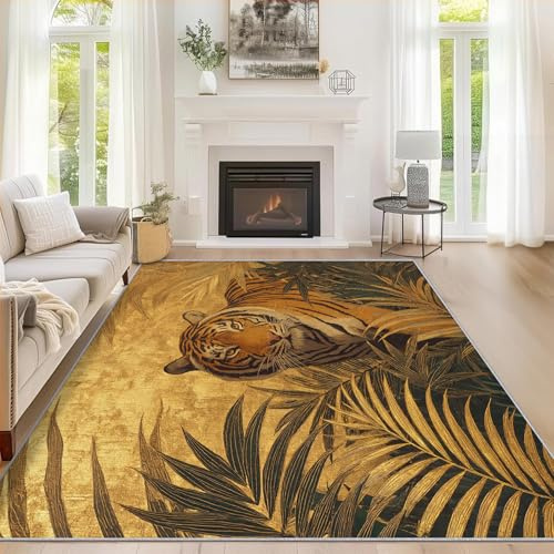 Generisch Teppich Wohnzimmer Tiger, Teppich Tropischer Dschungel für Schlafzimmer 80x150 cm, Weicher Waschbarer Antirutsch Kurzflor Dekoration Carpet P-&34