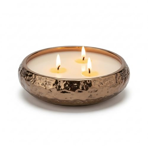 Aeolian 3 Wick Vanilla Scented Candle in Hammered Champagne Bowl (14cm) - Luxurious Soy Wax Table Centrepiece, Perfect Home Decoration Gift, Elegant Interiors by Rowen Homes (Bronze)