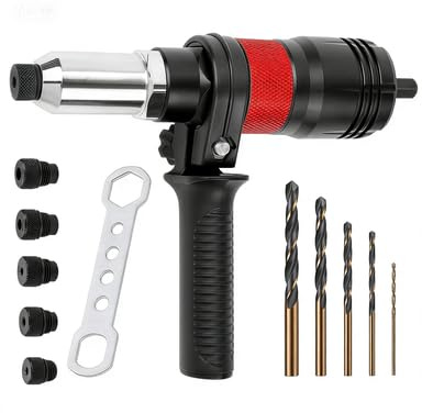 JF HOME BLISS Professional Cordless Automatic Rivet Gun Adapter Kit - 1 Set with 2.4mm/3.2mm/4.0mm/4.8mm/6.4mm Interchangeable Heads & Drill Bits for Heavy-Duty Metal Construction