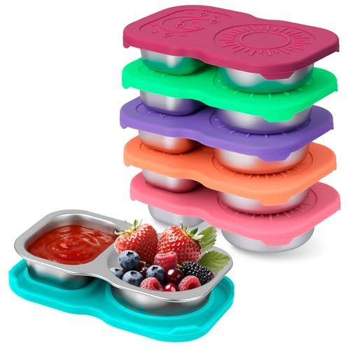 Yuecda 6-Piece Double-Compartment Salad Dressing Container Set | Stainless Steel Condiment Cups with Leak-Proof Silicone Lids | Ideal for Lunch, Bento Boxes, and Snacks on the Go