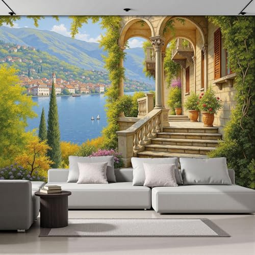 Papel Pintado Panorámico Mediterráneo Pastoral Lagos Montañas 200An×150Al cm Fotomurales No Tejido, Murales Decoración Póster Pared Personalizado 3D Para Salón Dormitorio, Verde