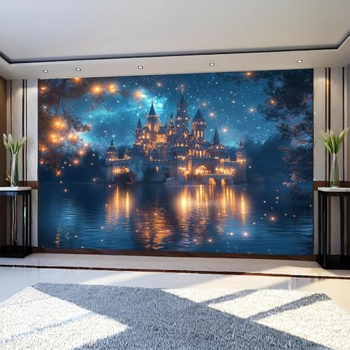 Papel Pintado Fotográfico Castillo del cielo estrellado del bosque 350 x 250 cm Azul Fotomural Moderno XXL para Decoración de Pared