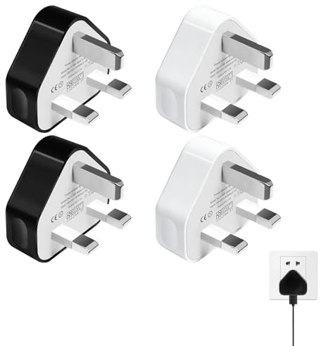 4 Pack USB Plug Adaptor UK Black & White, 5v 1a/ 3 Pin USB Charger Plug, Wall Plugs Socket Charging for iPhone 16 15 14 13 12 11 XS XR X 8 7 6,iPad,Huawei