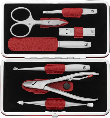 ZWILLING Maniküre-Set (7 teilig, umfassende Nagelpflege und Pediküre, Echtleder Etui, präzise, Geschenkset, mit Nagelzange), Premium, Rot