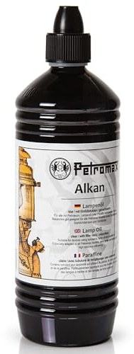 Petromax Alkan Lampenöl 1 L – Gereinigtes Petroleum für Petroleumlampen | Hochgereinigt, geruchsarm & rußfrei – Flasche mit Kindersicherung und Einfüllstutzen