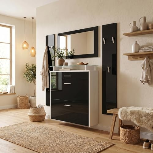 Vladon Garderobe Malea, Garderobenset bestehend aus 1 Hängeschuhschrank, 1 Wandspiegel und 2 Garderobenpaneele, Weiß matt/Schwarz Hochglanz