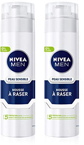 NIVEA MEN Pelle Sensibile Schiuma da barba (2 x 200 ml), Crema da barba arricchita con camomilla e amamelide, cura rasatura con tecnologia Ultra Glide