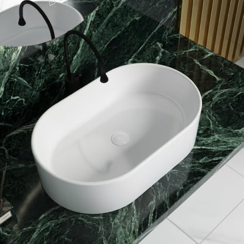 Durovin Bathrooms 560 x 350 x 145mm Ceramic Bathroom Basin - Countertop Sink Vessel - Oval Washing Bowl Upright Wall Flat Bottom-Slim Edge