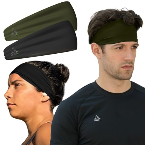 Värde 2-pack, pannband för män - killar svettband och sport pannband fukttransporterande träningssvettband för löpning, tåg, skidåkning och cykelhjälm vänlig - värdepaket 1-svart och 1-OD grönt svettband