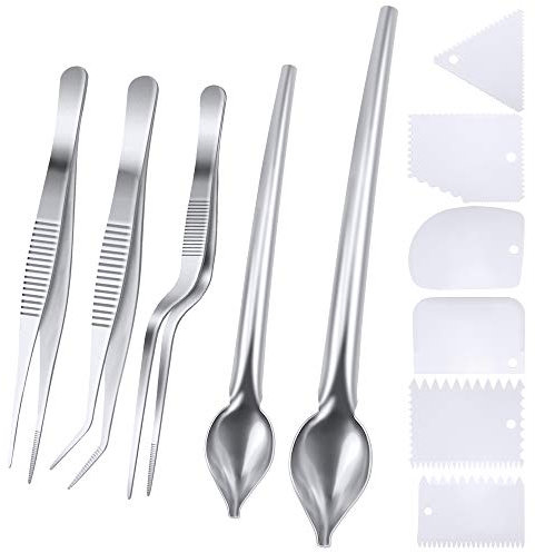 SelfTek 5Pack Chef Plating Tools 3Pcs Stainless Steel Cooking Tweezers Precision Tongs with Serrated Tips,2 Sizes Culinary Drawing Spoon and 6 Pcs Plastic Plating Wedge Set for Plates Decorating