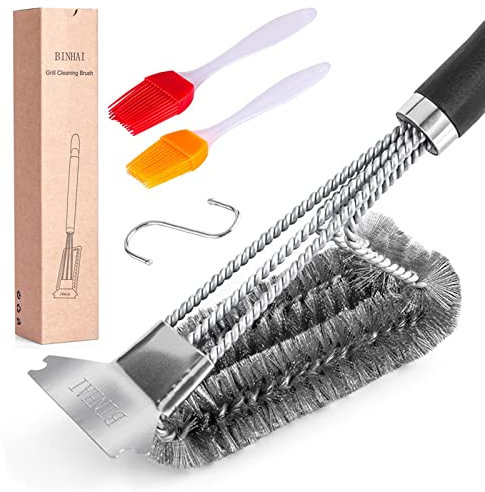 BINHAI spazzola per la pulizia della spatola per barbecue, 1 spazzola per la pulizia delle griglie e 2 spazzole per olio, spazzola resistente a 3 rami in acciaio inox per barbecue.