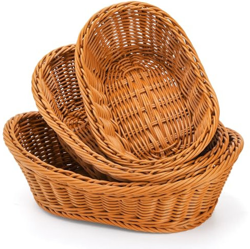 Yarlung 3 Pack Poly-Wicker Woven Breads Serving Baskets, Stackable Imitation Rattan Fruit Baskets for Food Display, Vegetables, Home, Kitchen, Restaurant, Outdoor, Brown, Oval, 3 Size