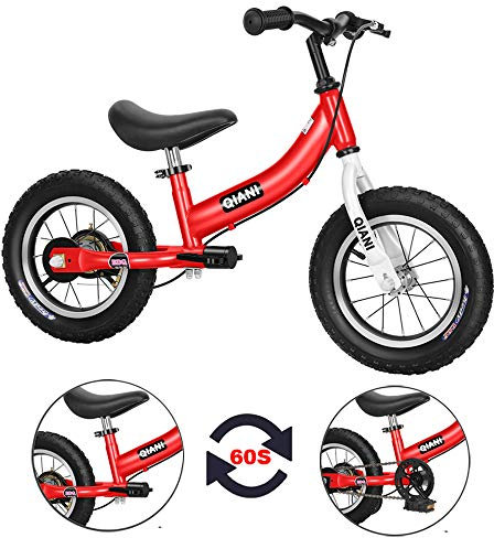 Qiani Laufrad 2 in 1 für Kinder ab 2 3 4 5 6 7 Jahre,Kinderlaufrad mit Bremse,Stützräder,Pedalen,Luftreifen und Seitenständer,Kinderfahrrad 12 14 16 Zoll (rot, 14 Zoll)