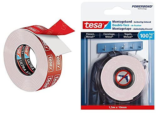 tesa Powerbond ULTRA STRONG - Doppelseitiges, extra starkes Montageband zur permanenten Befestigung im Außen- und Innenbereich - 1,5 m & Ultra starkes Montageband für Fliesen und Metall, 1,5m x 19mm