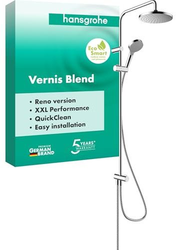 hansgrohe Vernis Blend - wassersparendes Duschsystem (EcoSmart) ohne Armatur, Regendusche (205 mm) mit Umsteller, Handbrause, Schlauch, Brausestange und runder Kopfbrause, Chrom, 26099000