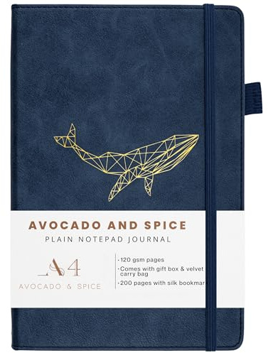 Avocado & Spice A4 Schlicht Notizbuc mit Geschenkbox & Samtbeutel – Kunstleder Hardcover A4 Liniert Notizbuch und Blanko Notizbuch - Lesezeichen, Elastikband, Stifthalter, 200 Dicke Seiten (Blau)