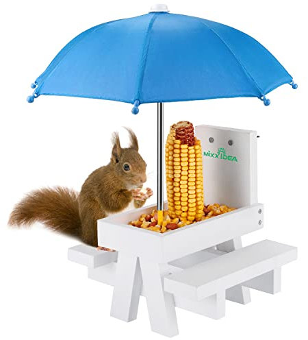 MIXXIDEA Eichhörnchen-Futtertisch mit Schirm, Eichhörnchen-Picknicktisch aus Holz, Maiskolbenhalter, mit Solider Struktur und 2 x dicken Bänken (blau)