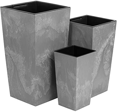 Juego de 3 macetas H 45/50/55 cm, altura trapezoidal, gris claro, hormigón, estructura de plástico, maceta cuadrada