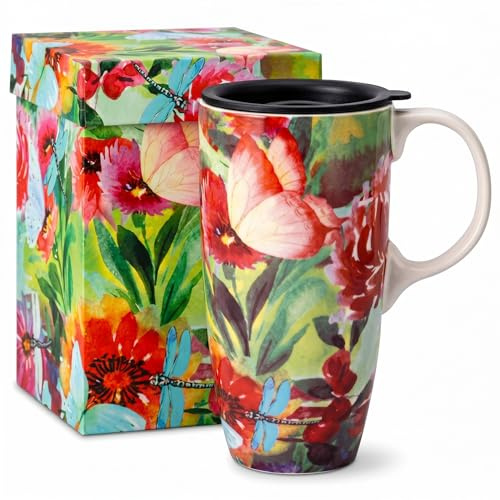 DUSVALLY 17oz Ceramic Travel Mug with Lid & Handle, Porcelain Coffee Cup with Gift Box, Dishwasher & Microwave Safe, Ideal for Daily Use, Commute & Gifting