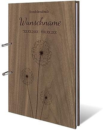 Kartenmachen.de Personalisiertes Kondolenzbuch echtes Holz DIN A4 Gästebuch mit Lasergravur - Pusteblume - mit 72 Blatt / 144 Seiten Naturpapier Weiß