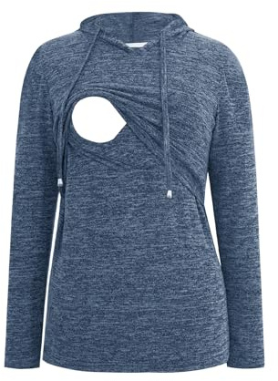 Smallshow Women's Nursing Tops Long Sleeve Breastfeeding Shirt Hoodie Medium Grey Blue