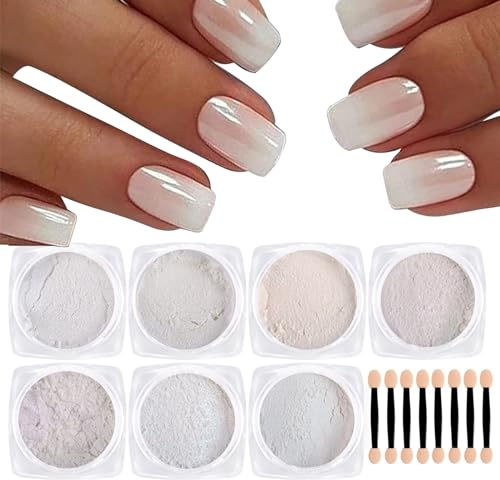 Pearl Powder Nail Chrome Glitzerpuder 7 Jar Weiß Holografischer Chrom Pulver Spiegeleffekt Glitter Laser Powder Pigmente für DIY Nagelkunst Design Dekoration…