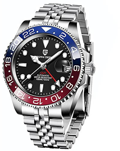 PAGRNE DESIGN Herren mechanische Uhr GMT automatische Uhr Keramische Lünette NH34 Bewegungssimulation Edelstahl Uhr Herren Geschenk(Fünf Perlen blau rot-5)
