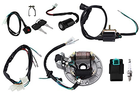 Bobine d'allumage CDI Faisceau de câbles de bougie d'allumage Magnéto Stator Kit, Magnéto Stator Électrique Faisceau de câblage Solénoïde Relais pour 50 cc - 140 cc Kick Start Dirt Pit Bike ATV