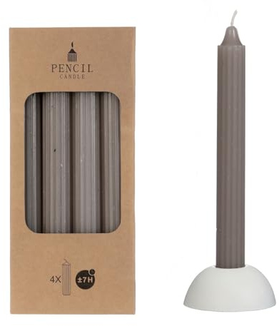 NaDeco Pencil-Kerzen, gerippt, im Set mit 4 Stück, Höhe 20cm, in vielen Farben erhältlich | Stabkerzen | Spitzkerze | Durchgefärbte Kerzen | Taper Candle | Vintage Kerzen, Farbe:Grau