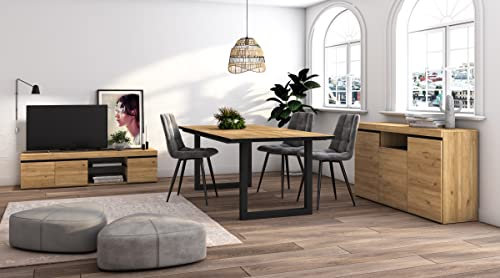 Skraut Home - Wohnzimmermöbel-Set | Tisch 200 Rand Schwarze U-Beine 10 Personen | Lowboard 160 | Sideboard/Buffetschrank 140 | Eiche und Schwarz | Industrieller Still