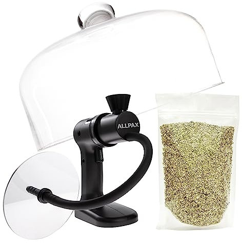 Allpax 3-teiliges Räucherset - Räucherpistole inkl. Glasglocke (24,5 cm) und Räucherchips (Buche), Smoking Gun, Mini Smoker, Rauch-Infuser