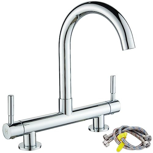 Maynosi 2 Hole Kitchen Bridge Mixer Taps, 180 mm Centers Deck Mounted Bridge Kitchen Sink Tap with 2 levers, 1/4 Turn Faucet with 360° Swivel Spout, Include UK Standard Fittings, Brass, Chrome