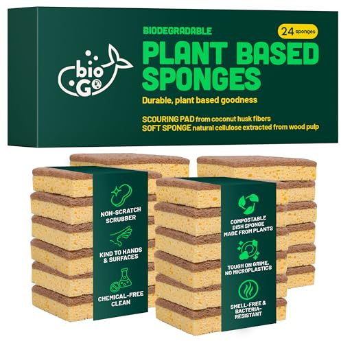 bioGo 24 Pack Biodegradable Kitchen Sponges - Eco-Friendly, Compostable, Natural Cellulose Dish Sponge - Washing Up - Biodegradable Kitchen