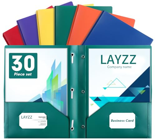 Plastic Two Pocket Folders with Prongs, LAYZZ 30 Pack Heavyweight Letter Size Plastic Folders with Pockets and Prongs, Poly Plastic Folders for Office & School